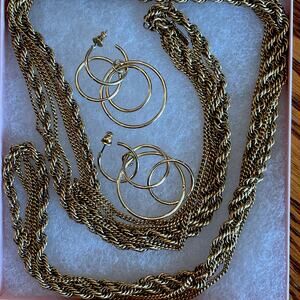 Vintage Monet Gold Tone 3 Stand Necklace Earrings Set Academia Core Regency Core
